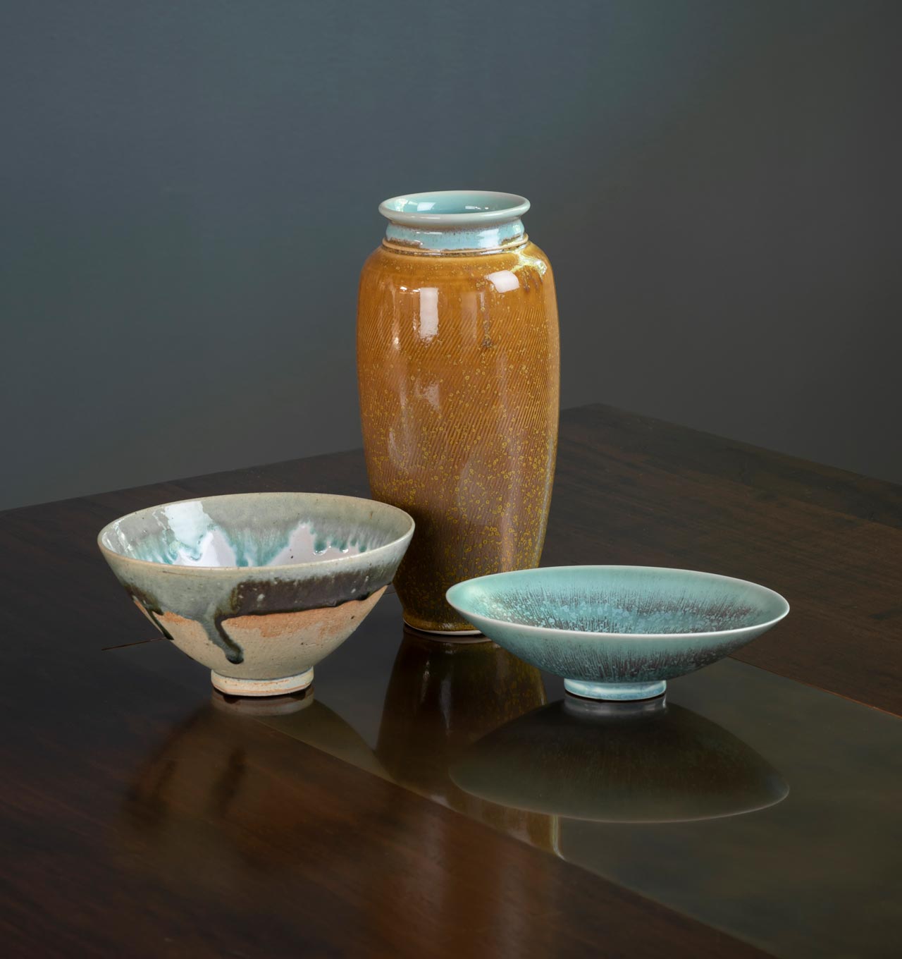 Drip and Haresfur Glaze Bowls + Tea Dust Vase