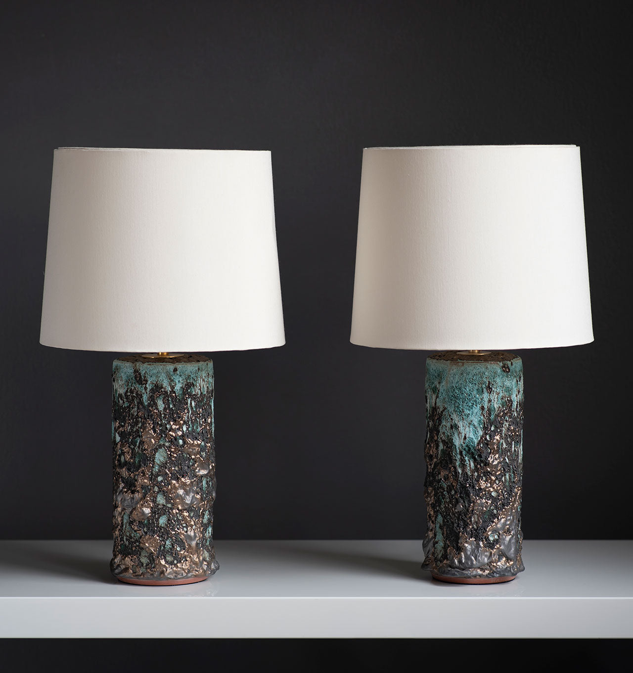 Turquoise + Bronze Crater Glaze Table Lamps