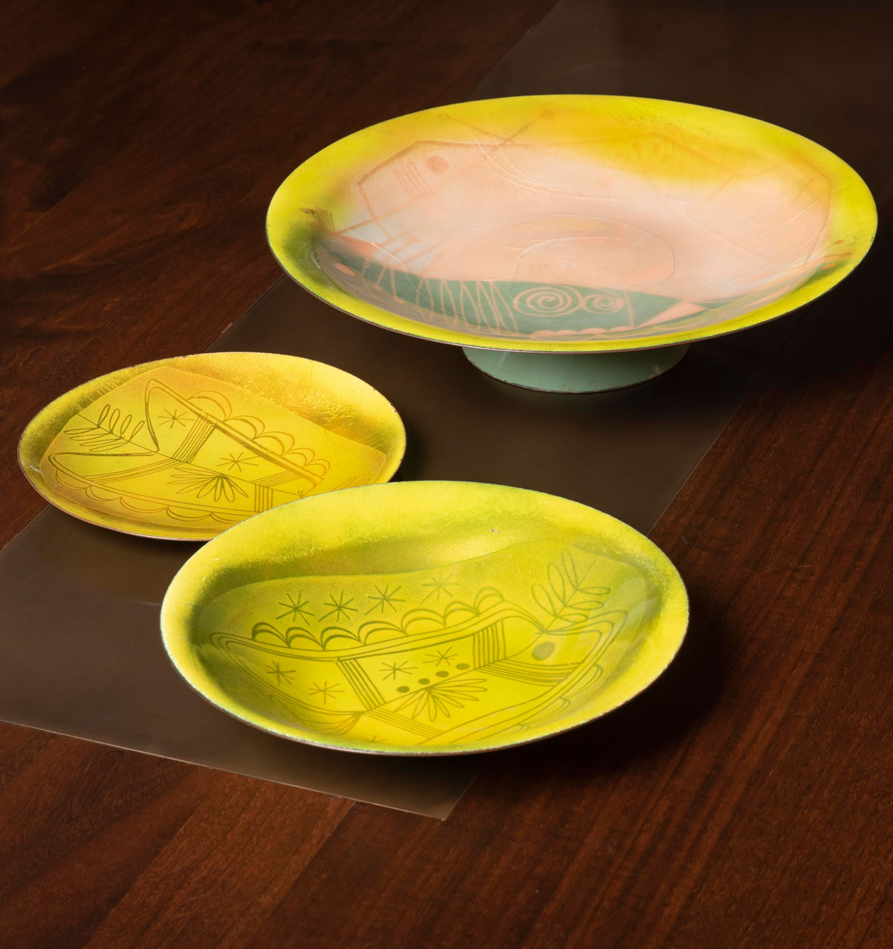 Enamel Plate, Bowl and Footed Platter Set