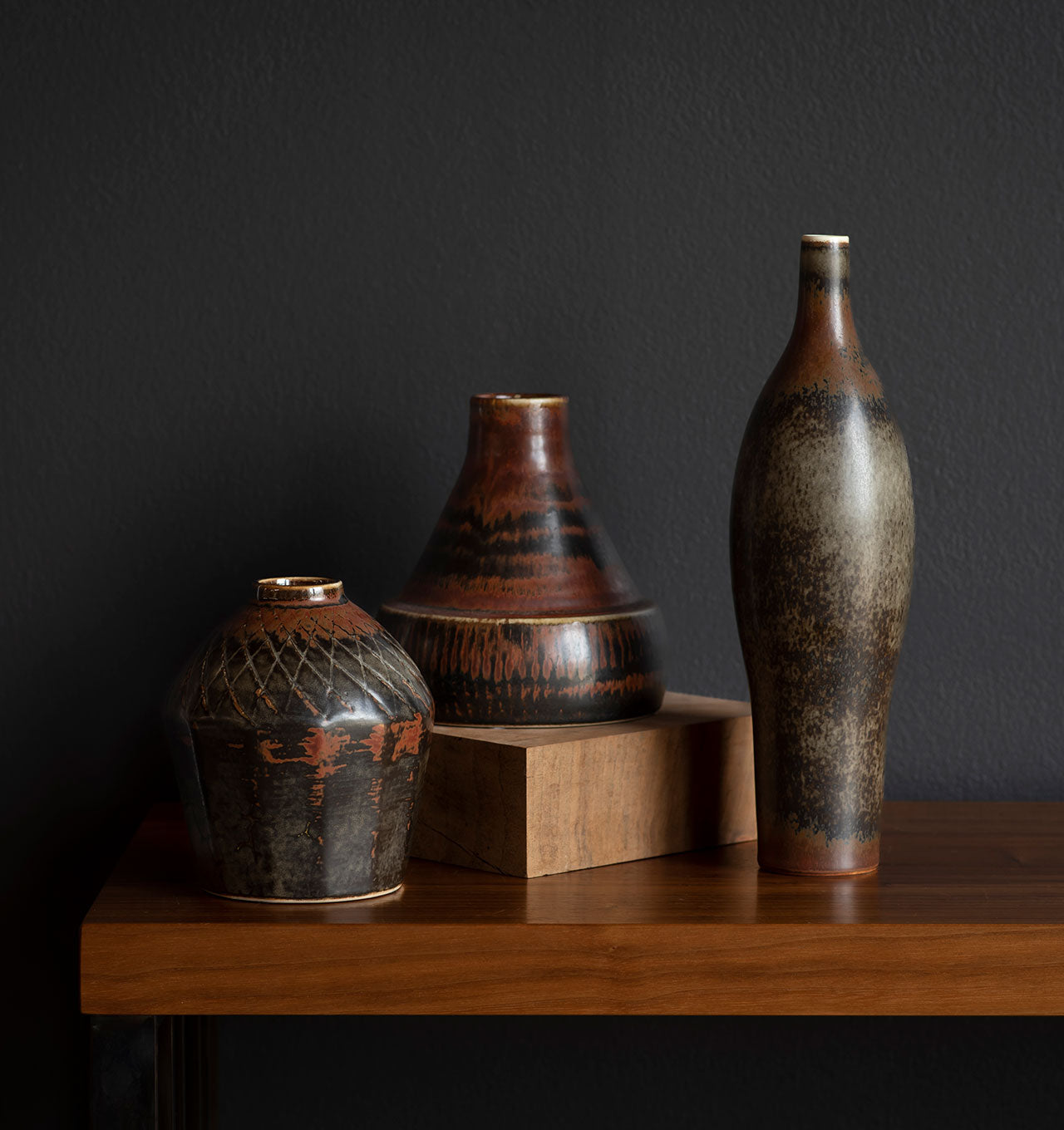 CHS Tenmoku Glaze Vases + Mottled Glaze Vessel